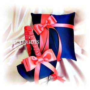 Navy blue and coral wedding bridal leg garter set, something blue bridal accessories, garter belt image 3