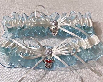 Disney inspired wedding bridal leg garter set, Mickey and Minnie mouse crystal charms, something blue bridal garter