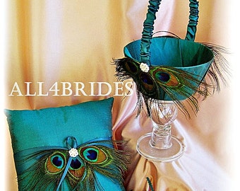 Peacock wedding Teal ring pillow and flower girl basket, peacock feather wedding accessories