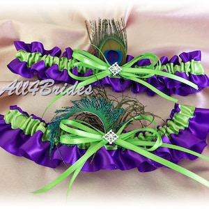 Peacock wedding leg garter  regency purple and green bridal garters