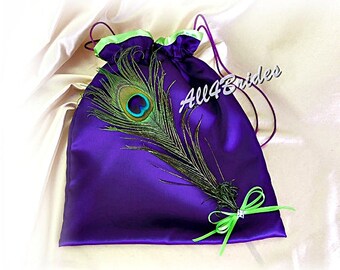 Peacock Wedding Money Dance Bag, Purple and Green Peacock Bridal Drawstring Bag