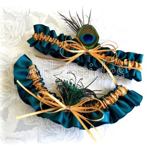 Peacock Bridal Garters Teal and Gold Wedding Leg Garters.