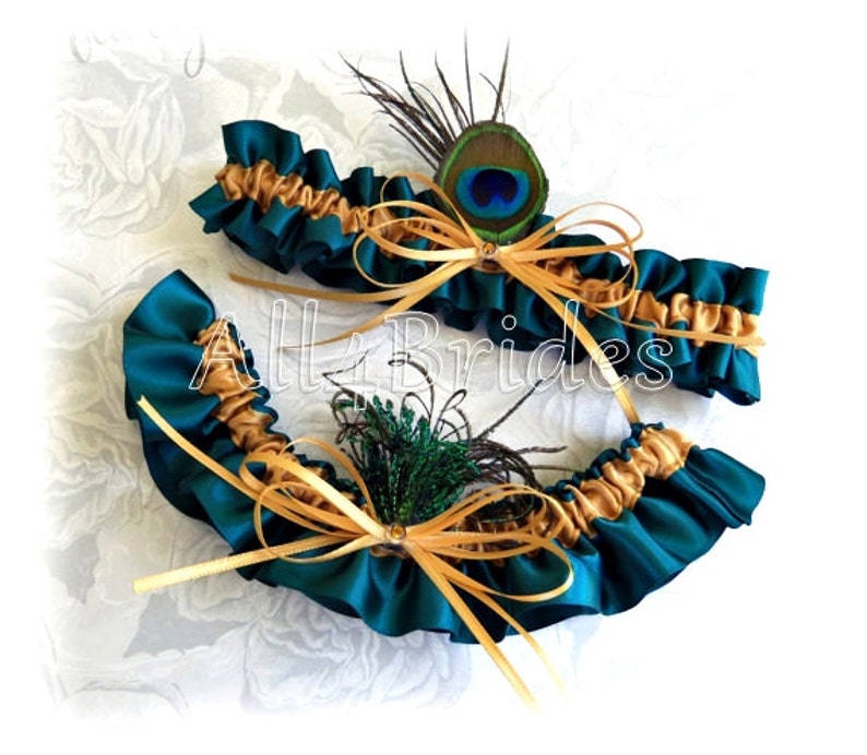 Peacock Bridal Garters Teal and Gold Wedding Garters.