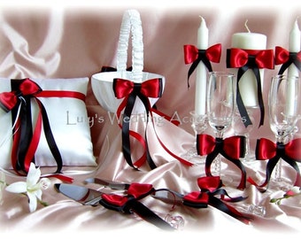 Red and Black Wedding Ring Bearer Pillow, Flower Girl Basket, Candles, Flutes, Cake Set,, 9pc Ceremony Reception Decor