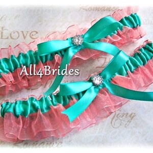 Coral and Aqua  Bridal Garters - Coral Aqua Wedding Bridal Accessories - Something Blue