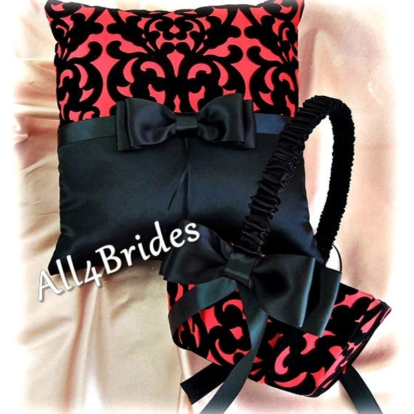 Red and black velvet damask wedding ring pillow and flower girl basket, ring bearer pillow and flower girl basket set