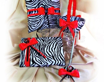 Red and Zebra Print Wedding Ring Pillow, Flower Girl Basket, Guest Book and Pen Set