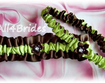 Bridal garter set brown and green wedding leg garter belt set.