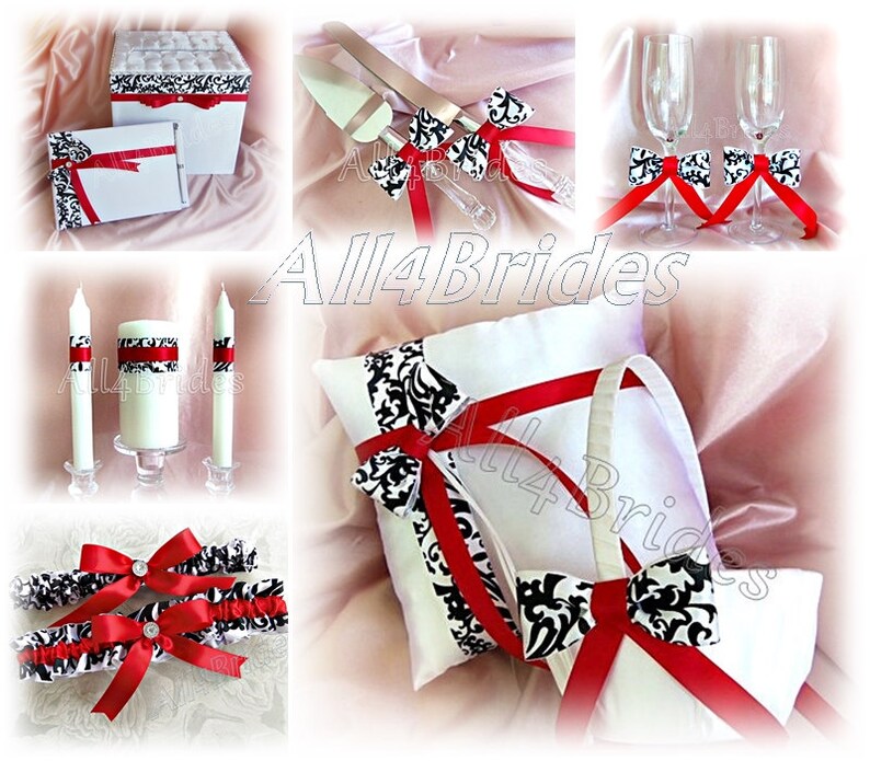 Damask print and red wedding decorations 14pcs, basket, pillow, card box, garters, guest book, and much more. image 1