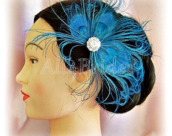 Blue peacock feathers bridal fascinator hair clip, peacock wedding hait clip