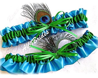 Peacock Wedding Bridal leg Garter Set, Turquoise and Emerald Garters, Peacock Feathers Bridal Garters