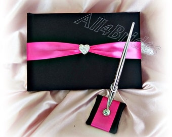 Wedding guest book and pen, black and hot pink with heart charms accent.  Wedding decorations.