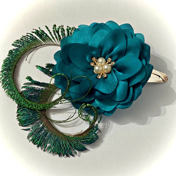 Teal hair flower and peacock feathers hair clip, peacock wedding hair accessories.