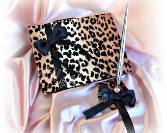 Wedding guest book, leopard cheetah print and black guest book and pen set,