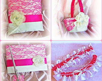 Hot pink lace wedding pillow, basket, guest book and bridal garter set.