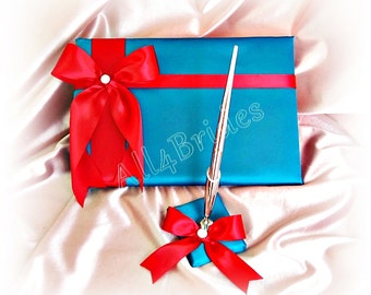 Wedding Guest Book and pen set, turquoise and red wedding decorations.