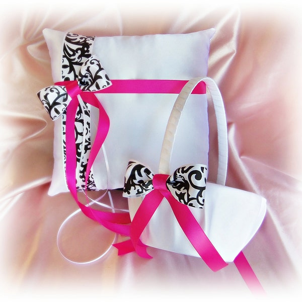 Flower girl basket and ring pillow, hot pink and damask print wedding accessories, ring cushion and basket set