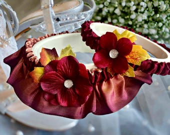 Liga nupcial con degradado burdeos y naranja quemado, liga nupcial con hojas otoñales