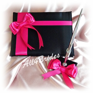 Hot pink and black wedding guest book and pen set.  Blak and pink wedding decorations.
