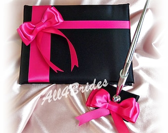 Black & Fuchsia Pink Wedding Guest Book with Silver Pen Set
