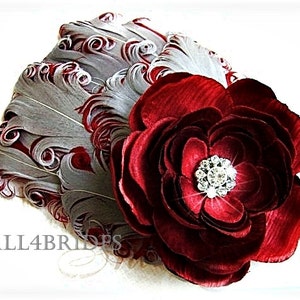 Grey and burgundy rose and feathers fascinator, bridal hair accessories image 1