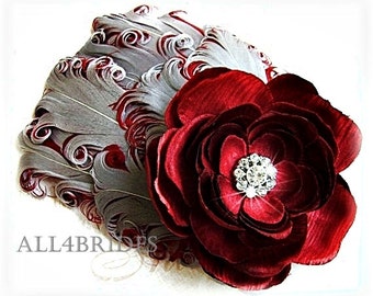 Grey and burgundy rose and feathers fascinator, bridal hair accessories