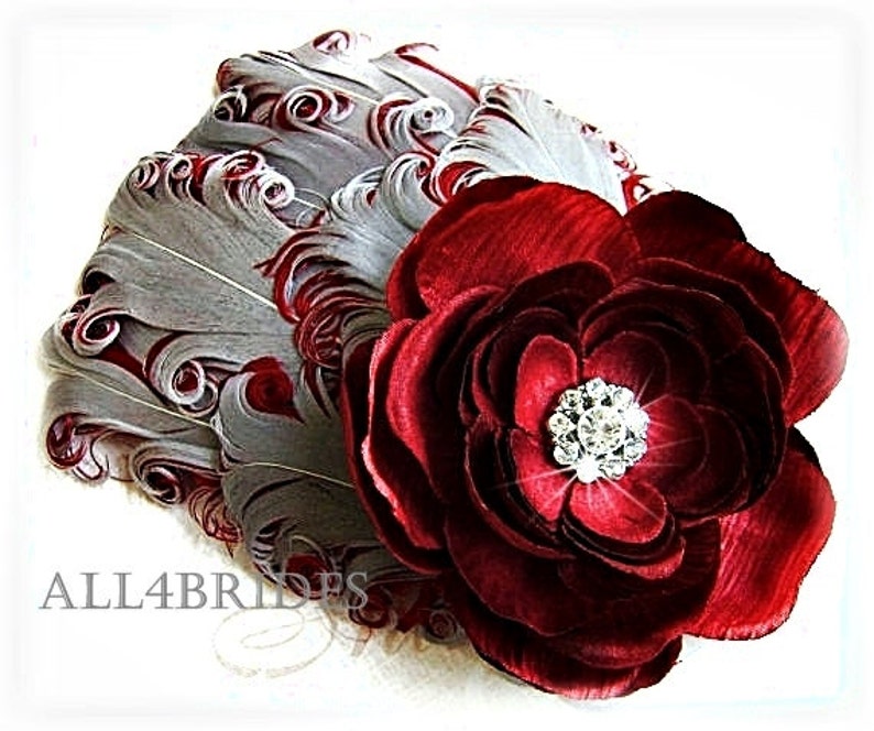 Grey and burgundy rose and feathers fascinator, bridal hair accessories image 1
