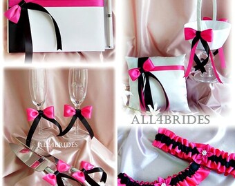Hot Pink Fuchsia and Black Wedding Flower Girl Basket Ring Pillow Guest Book Bridal Garters Cake Set Flutes 9pc