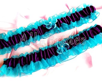 Wedding bridal leg garter set turquoise and grape purple plum , bridal or prom garter belt set.