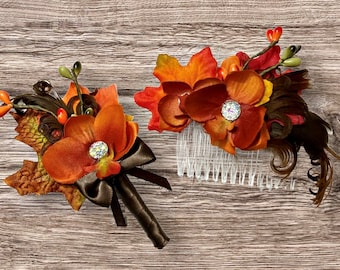 Fall leaves and orchids boutonniere and hair com set, Burnt orange and brown bridal hair comb and groom boutonniere