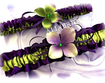 Deep purple and green Bridal Keepsake and Toss Garter Set, Green Hydrangea flowers.