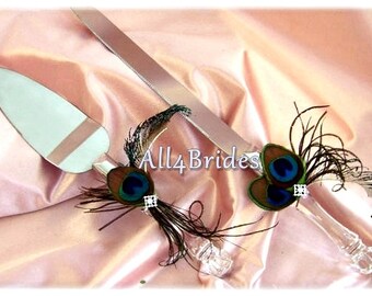 Peacock Feather Wedding Cake Knife & Server Set.