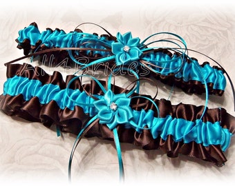 Wedding bridal leg garter belt set chocolate brown and turquoise, something blue.