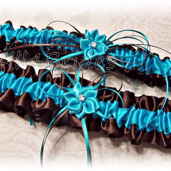 Wedding bridal leg garter belt set chocolate brown and turquoise, something blue.