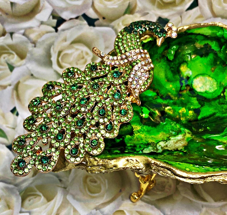Oyster Shell Trinket Dish, Emerald Green Peacock and Gold Seashell Art ...