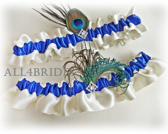 Peacock Wedding Bridal Leg Garter, Royal Blue Peacock Feathers Garter Belt Set, Something Blue