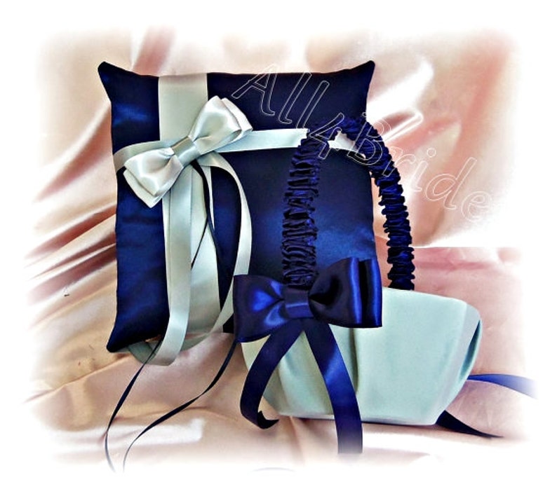 Wedding Ring Pillow and Basket Navy Blue Gray Wedding Etsy
