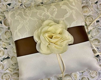 Wedding Ring Pillow, Ivory and brown lace ring pillow