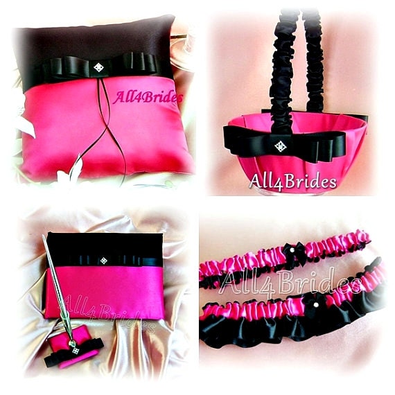 Black And Hot Pink Wedding Ring Pillow Basket Guest Book Etsy