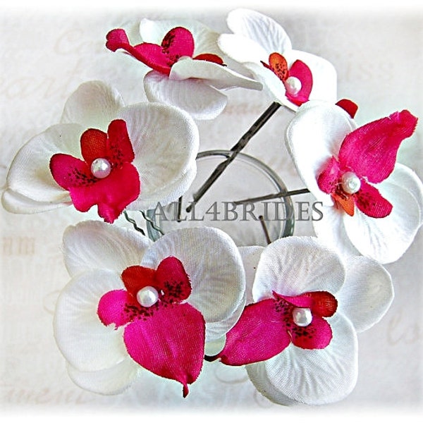 White and fuchsia pink orchid flower hair pins, bridal or bridesmaids wedding hair accessories