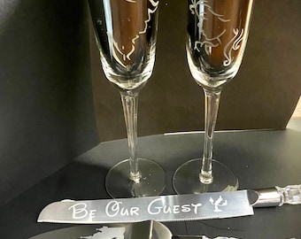 Wedding cake knife set and champagne glasses, fairytale princess inspired
