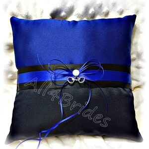 Thin blue line police wedding ring pillow with handcuff charms, royal blue and black wedding ring bearer cushion image 1