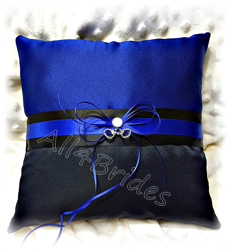 Thin blue line police wedding ring pillow with handcuff charms, royal blue and black wedding ring bearer cushion image 1