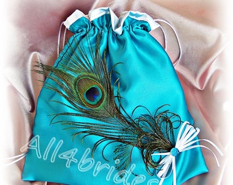 Peacock wedding Turquoise bridal bag, wedding money dance drawstring bag.