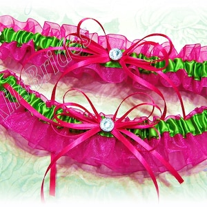 Wedding bridal garter set, hot pink and green leg garter belt set, prom garters.