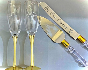 Wedding cake cutting set and champagne glasses, gold, fairytale princess wedding Beauty and The Beast inspired.