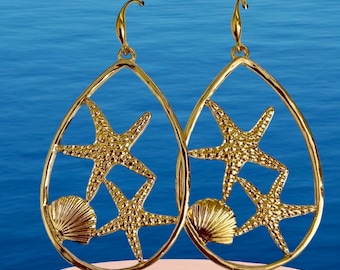 Starfish and seashell earrings, beach earrings, cruise vacation jewelry.