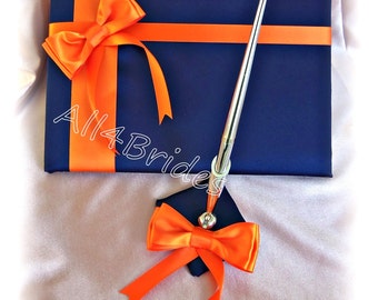Wedding Guest Book Navy Blue and Orange wedding book and pen set.