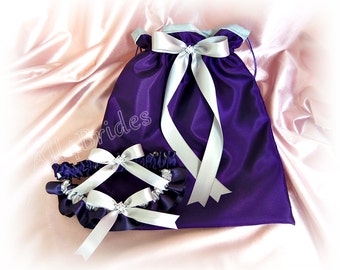 Wedding money dance bag and bridal leg garter set purple and grey