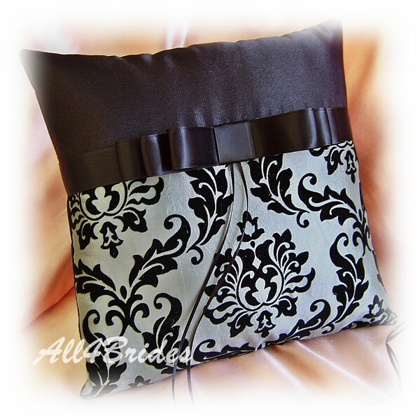 Black and gray damask print wedding ring bearer pillow.